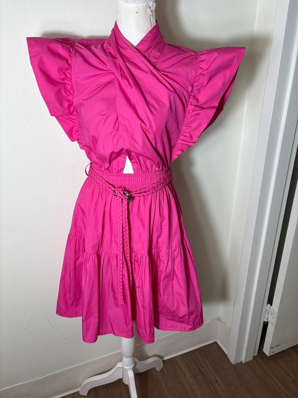 Derek Lam IO Crosby Hot Pink Flutter Sleeve Cotton Knee Length Dress Sz 0